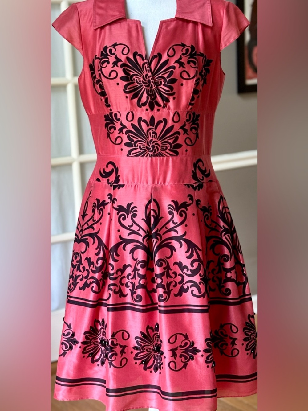 Coral Satin Fit Flare Dress Black Baroque Print Retro Collared Party